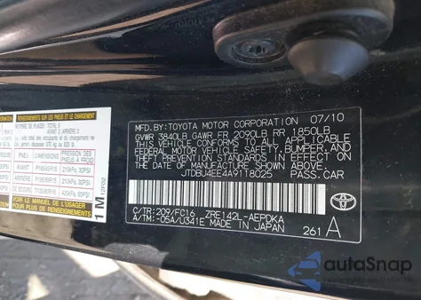 2010 Toyota Corolla Le from USA, damaged, VIN JTDBU4EE4A9118025